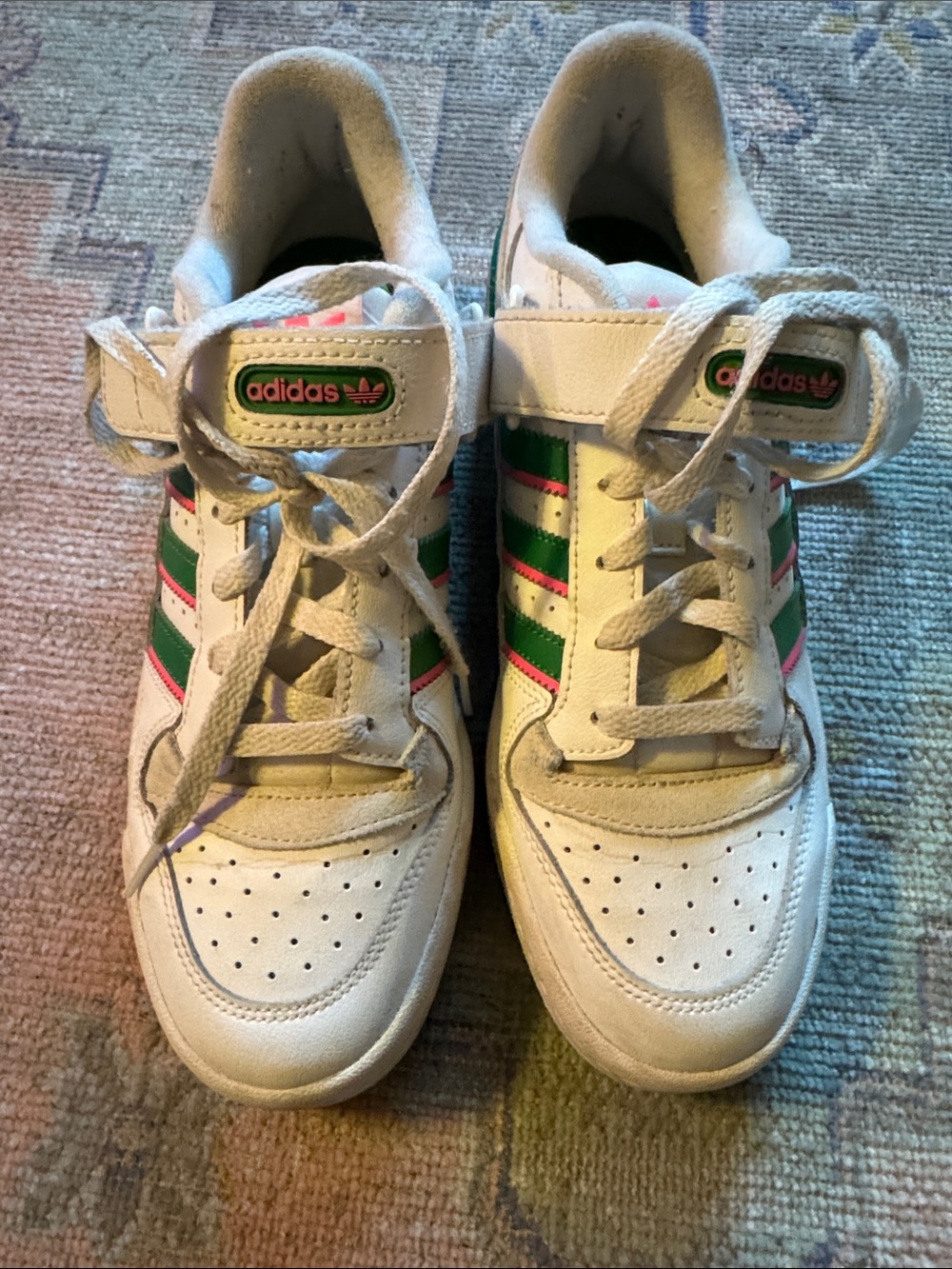 adidas Kids White Sneakers with Green & Pink Stripes